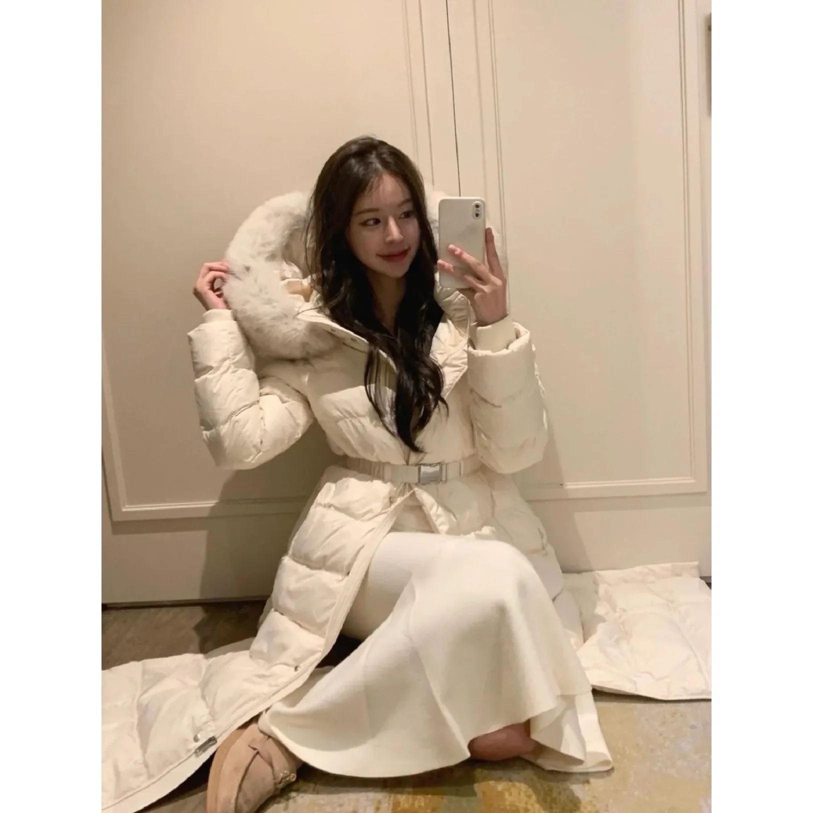 

Новогодний пуховый Jaet средней длины Doulej, новинка зимы 2025 года, корейский Sle со съемным капюшоном, трикотажная ткань, теплая