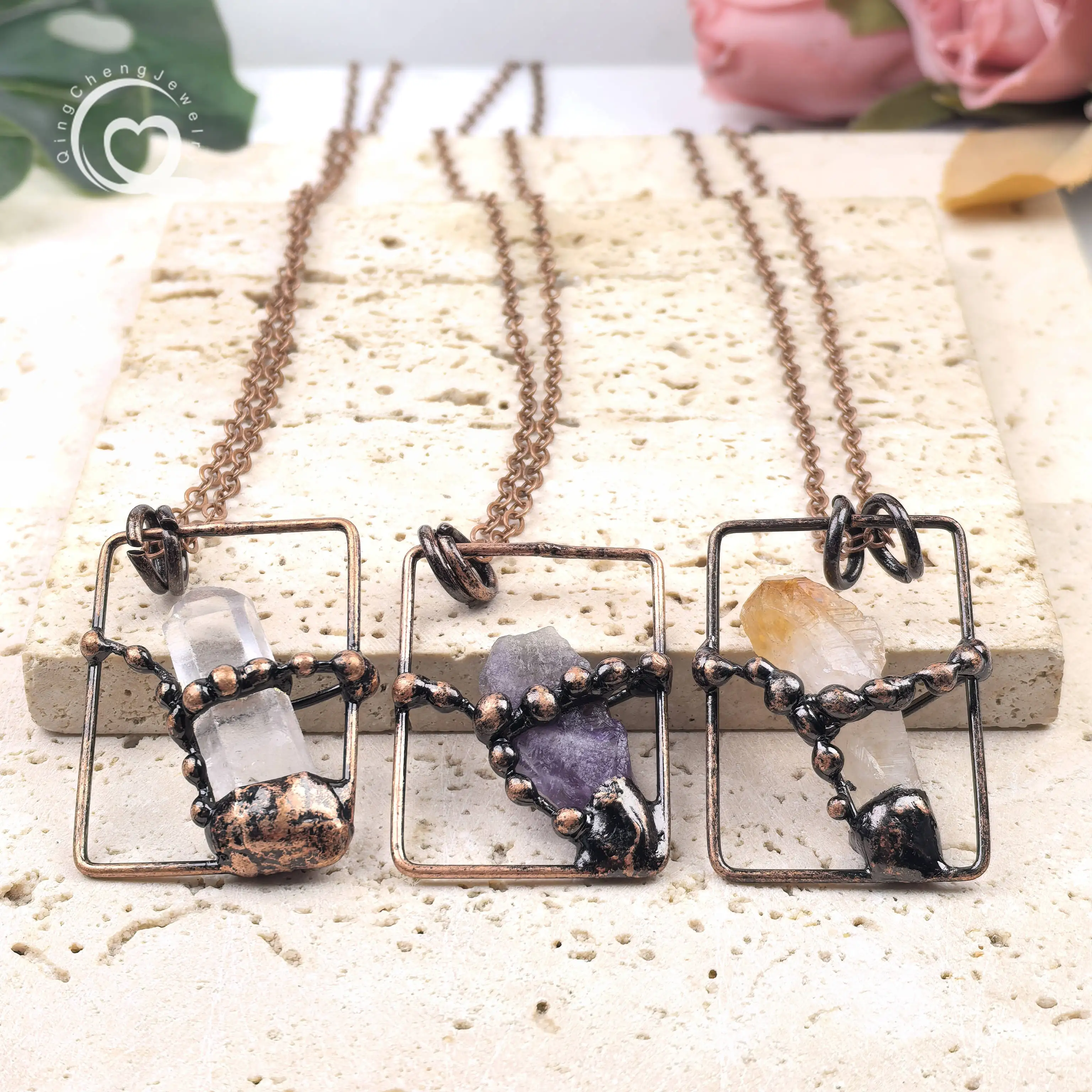 

Soldered Bronze Raw Crystal Point Pendant Antique Copper Rough Citrine Amethyst Nugget Necklace Charms Vintage Jewelry QC3443