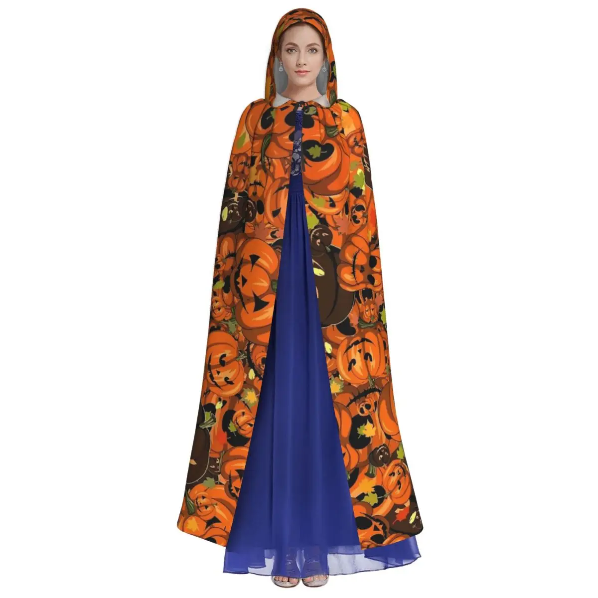 Aldult Jack-O-Lantern Autumn Leaves Pumpkin Monsters Halloween Cloak with Hood Grim Reaper Robe Costume for Party