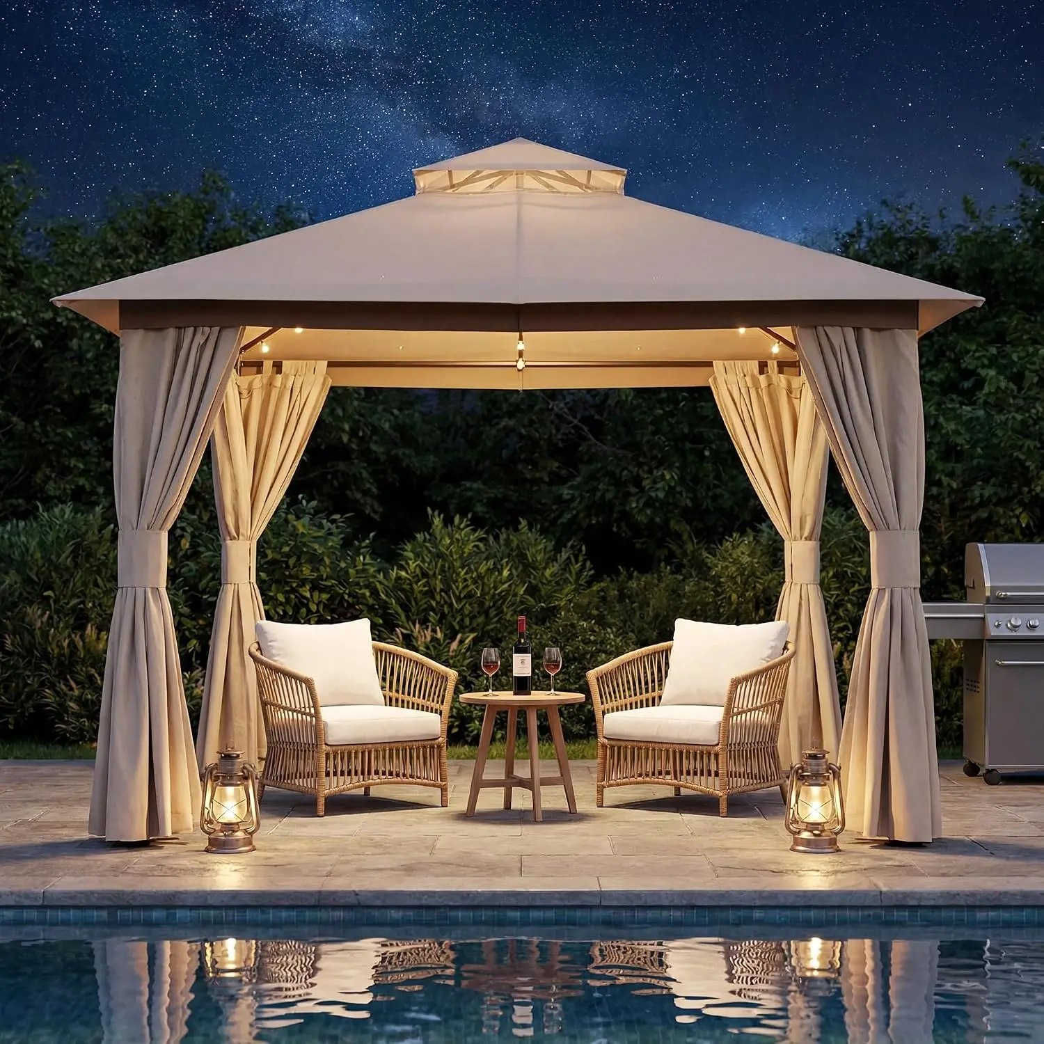 8x8 Outdoor Gazebo with Curtains, Netting & Double Roof, Customized