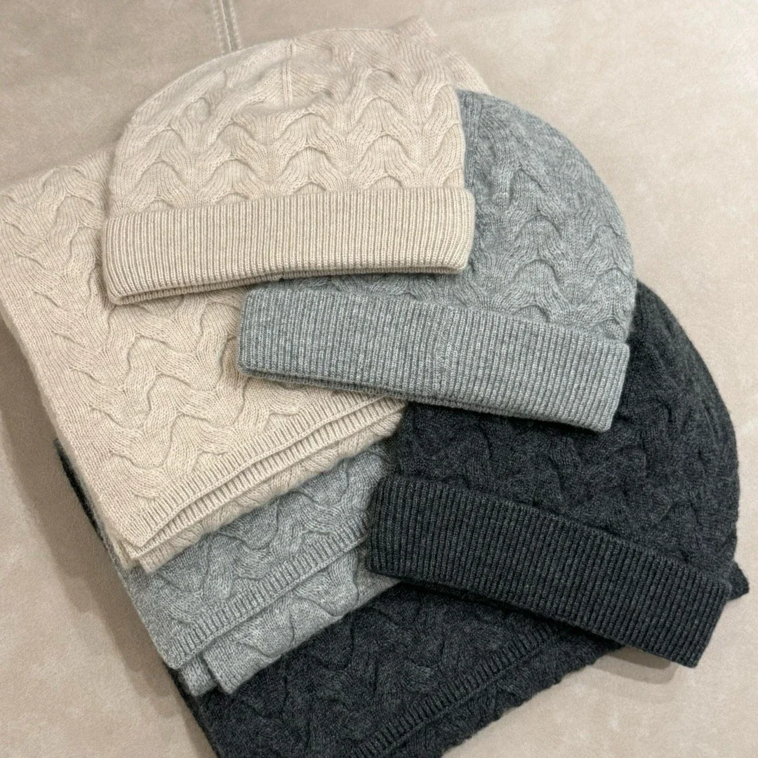 Pure Cashmere Women's Knitted 2-Piece Set Solid Color Fashion Warm Hat with Scarf