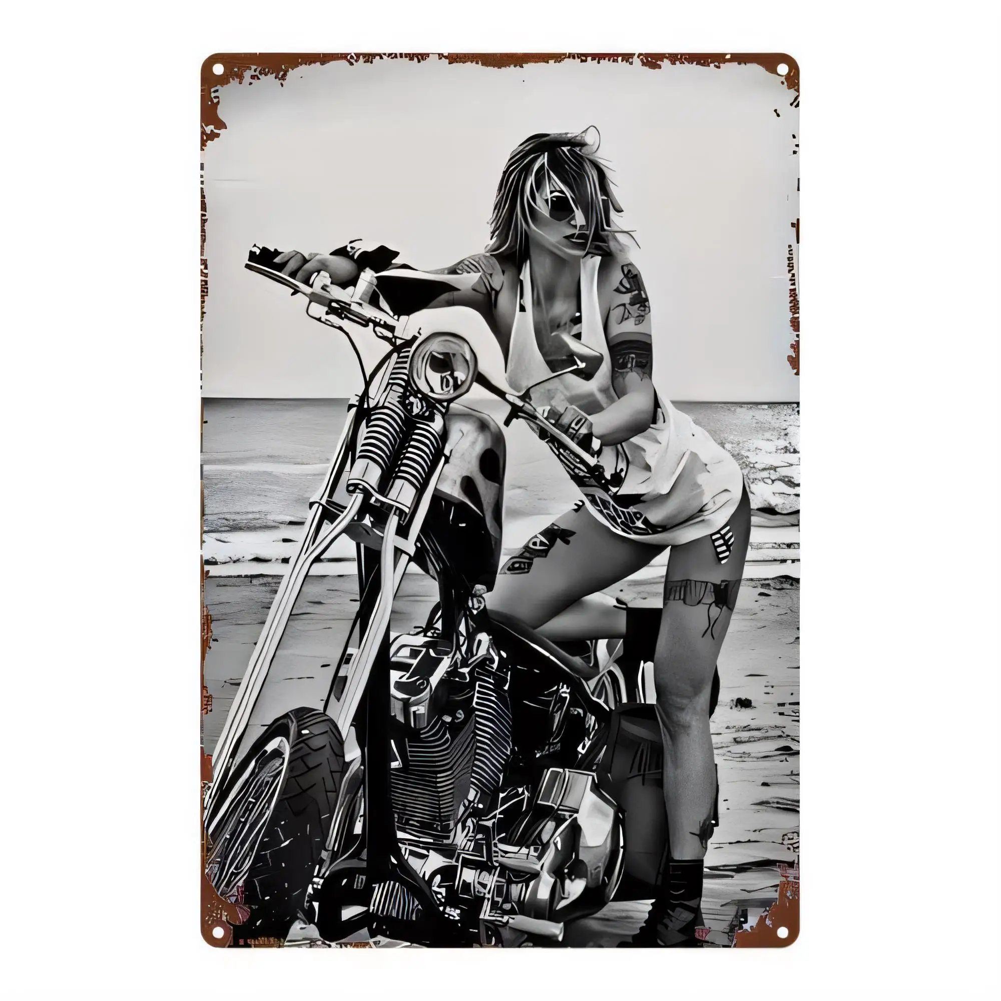 Tin Sign Vintage Motorcycle Girl Metal Poster Rocker Biker Wall Decor Retro Garage Bar Pub Plaque   Rust Aged Look Indoor Outdoo