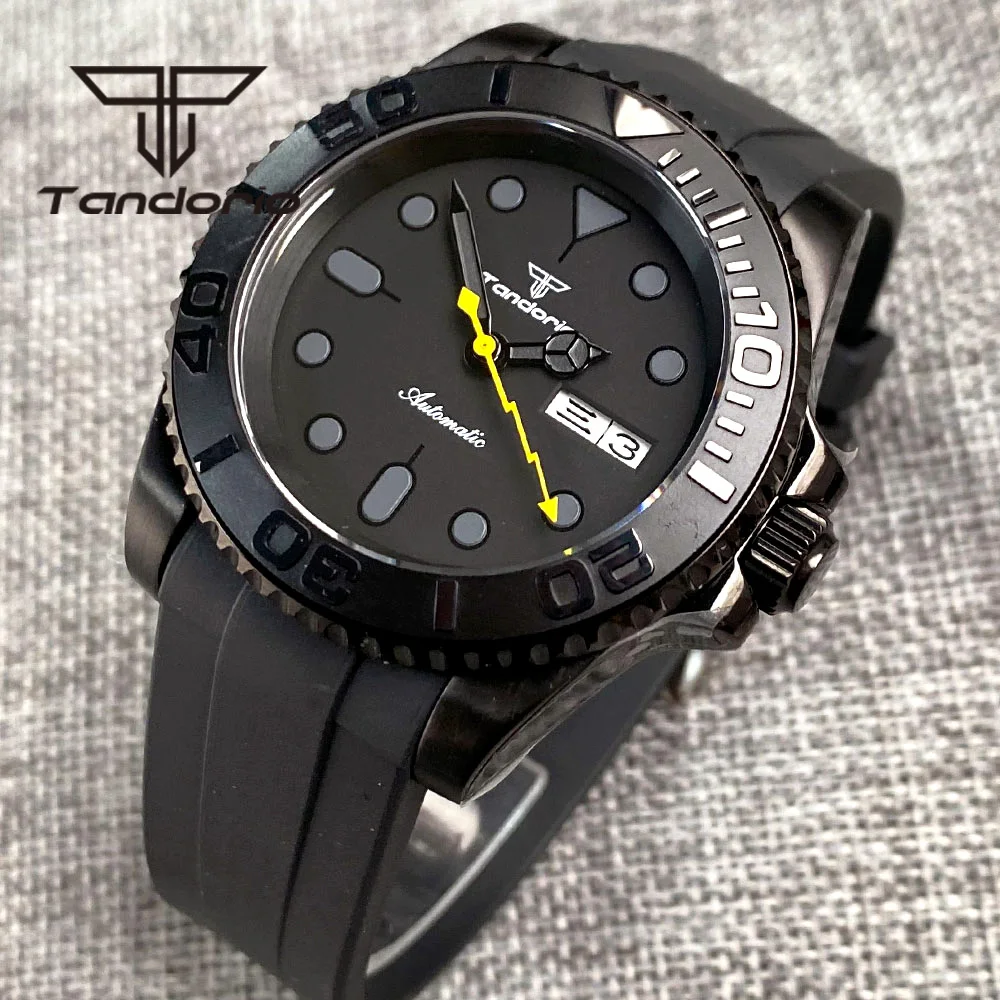 Tandorio NH36A Black PVD 40mm Automatic Men\'s Watch Week Date Display Rotating Bezel Sapphire Glass Yellow Flash Second Rubber