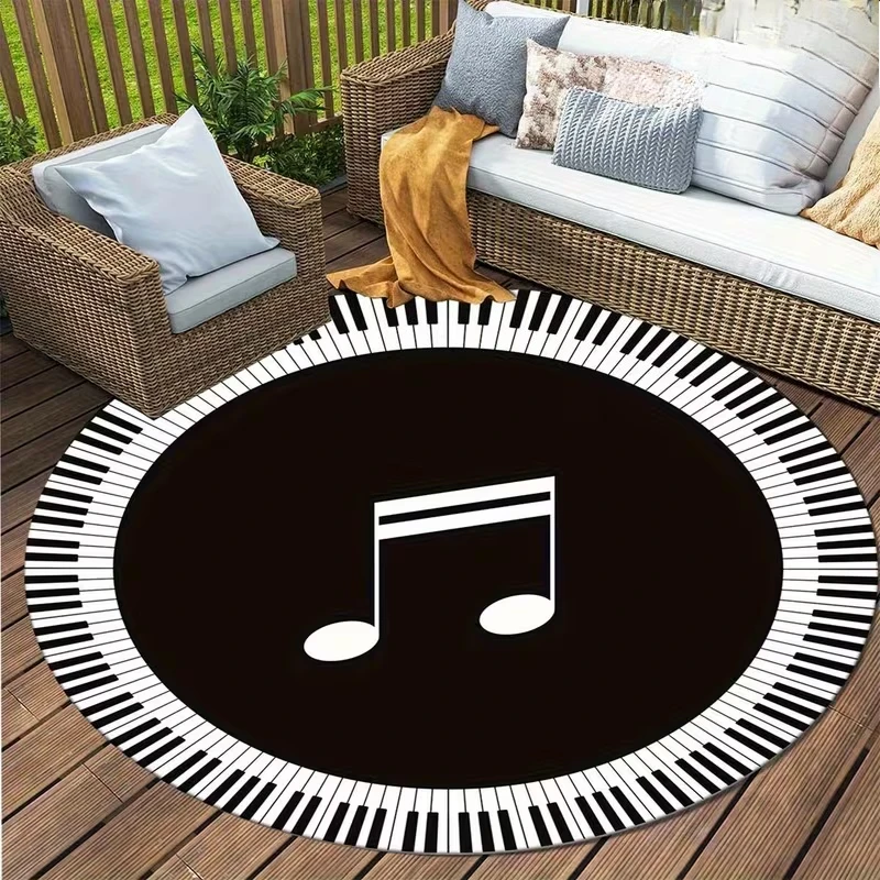 Musical Note & Treble Clef Design Round Rug, Black & White,Living Room, Bedroom, Patio, Garden Yard Decor Entryway Rug Door Mat