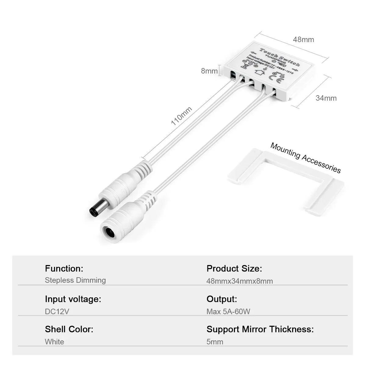 12V 5A Bathroom LED Dimmer Switch Capacitive CCT Dimmable Touch Sensor Switch For Mirror Light Backlight Decoration