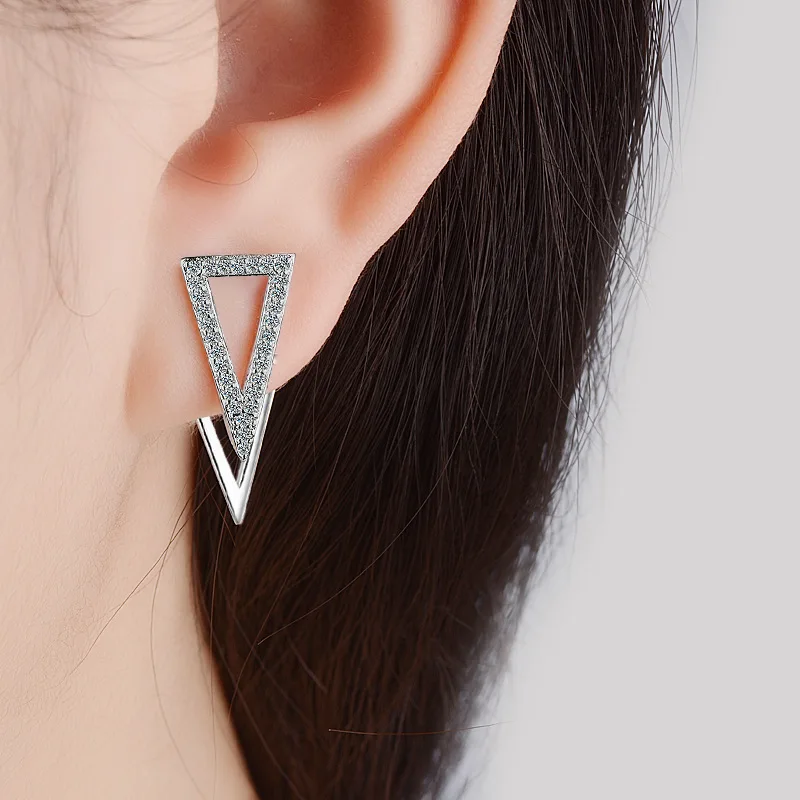 New in 925 Sterling Silver Double Triangle Zircon Stud Earrings For Women Luxury Jewelry Novelties 2023 Trend to Sell