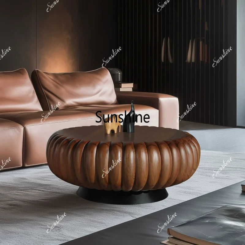 

Italian light luxury high-end solid wood coffee table medieval tea table round coffee table