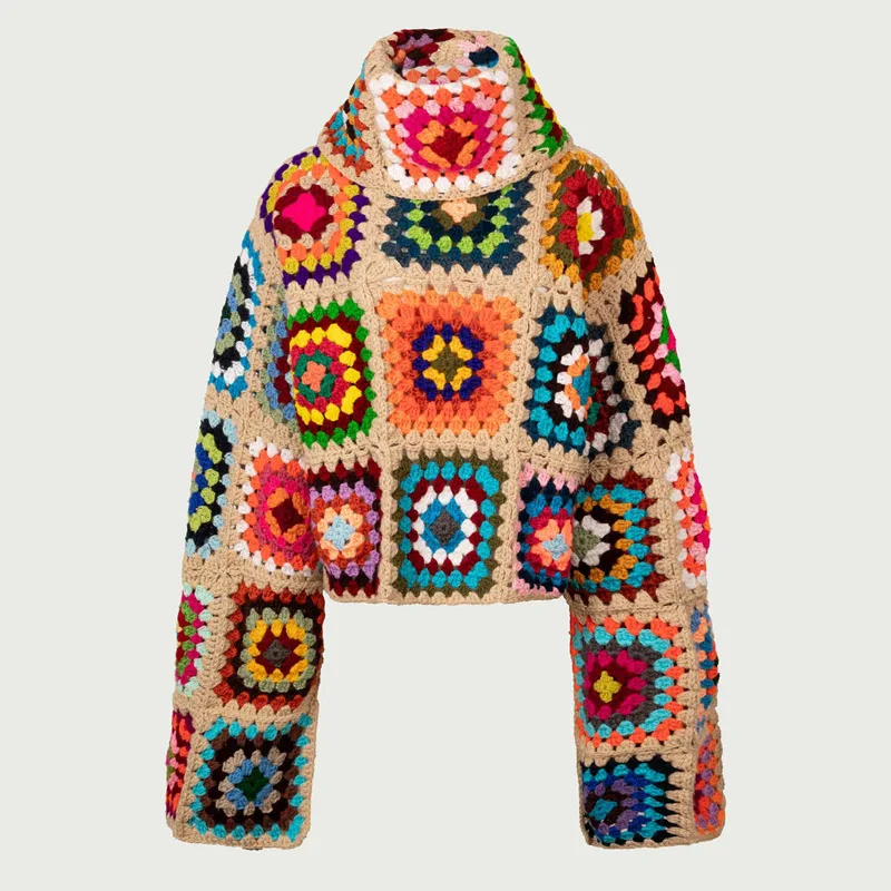 Colorful Crochet Sweaters Granny Square Turtleneck Cute Cardigan Boho Afghan Stitching Coat Color Patchwork Clothing For Lady