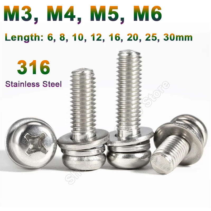 M3 M4 M5 M6 316 Stainless Steel Cross Phillips Round Head SEM Screw Flat Washer Spring Gasket Three Combination Assemble Bolt