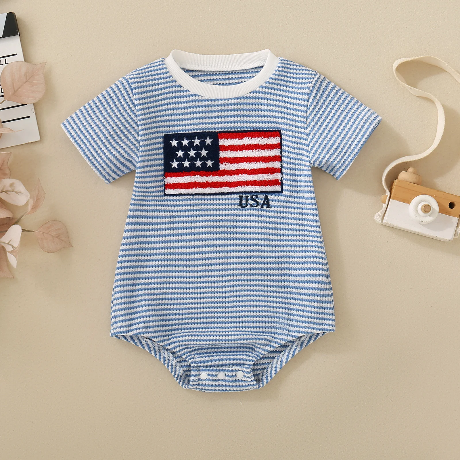 Summer Neutral Infant Blue Stripe Big Flag Embroidery Short Sleeve Triangle Romper Independence Day