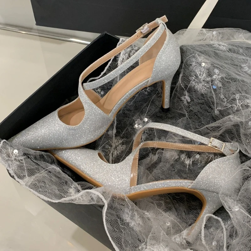 Aneikeh, moda, tacones altos con purpurina plateada, sandalias con hebilla cruzada, zapatos de tacón bajos y finos para mujer, zapatos de banquete romano, tacones dorados de verano