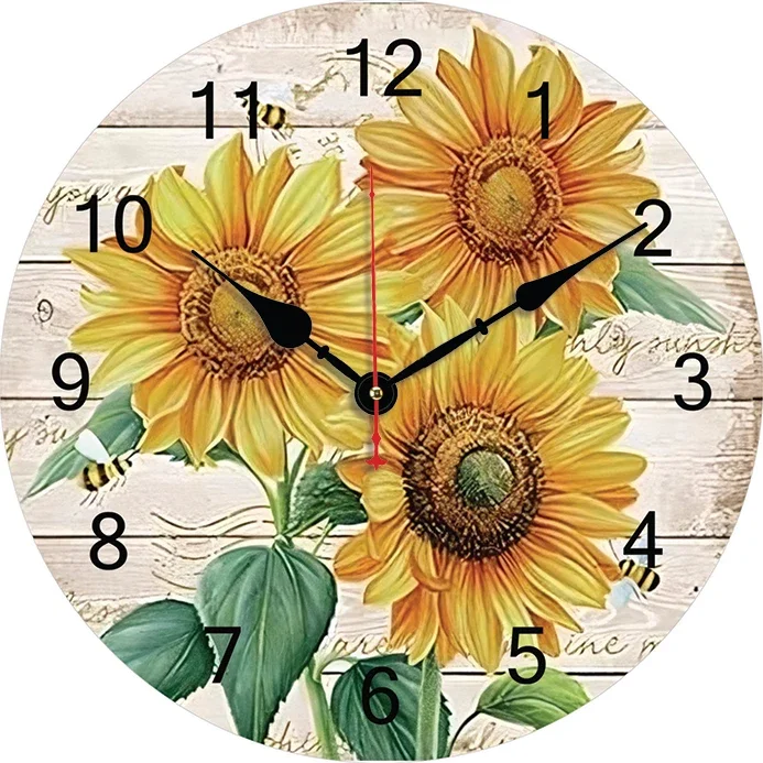 Vintage Wooden Sunflowers Wall Clock Kitchen Decor Wall Art Silent Large Round Wall Clocks For Living Room Bedroom Office