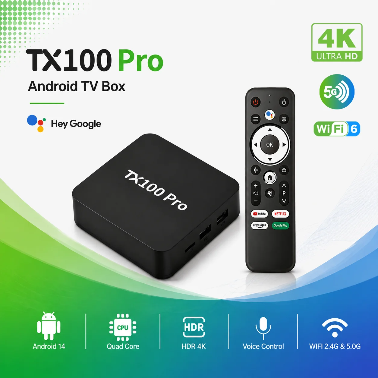 TX100 Pro Android 14 TV Box Quad Core 2.4G&5G Dual Band WiFi6 4K HDR Smart Set Top Box Media Player with Voice Remote
