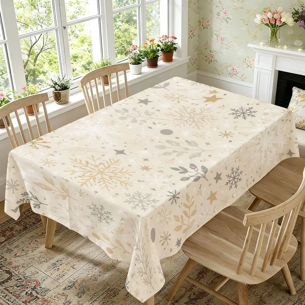 Winter Snowflake Tablecloth Suitable for Holiday Dining - Cream Rectangular Table Cover with Golden Grey & White Star Pattern, Modern Farmhouse Style Durable Fabric, Easy Clean Suitable, Wedding, Party Decorations