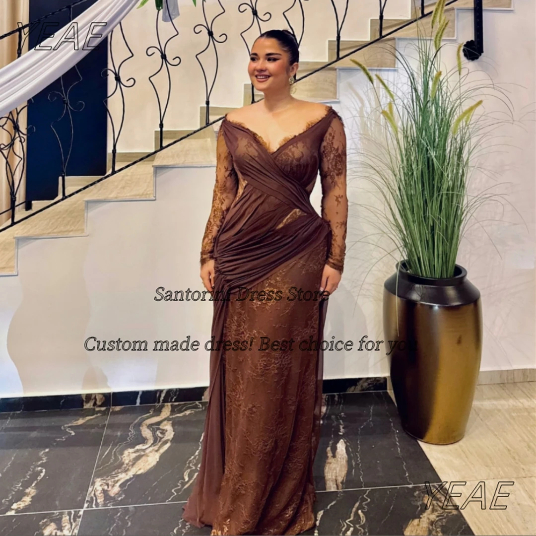 

Santorini женские платья для выпускного вечера 2025 с длинными рукавами и рюшами, халат Des Soiree, кружевное вечернее платье-футляр по индивидуальному заказу