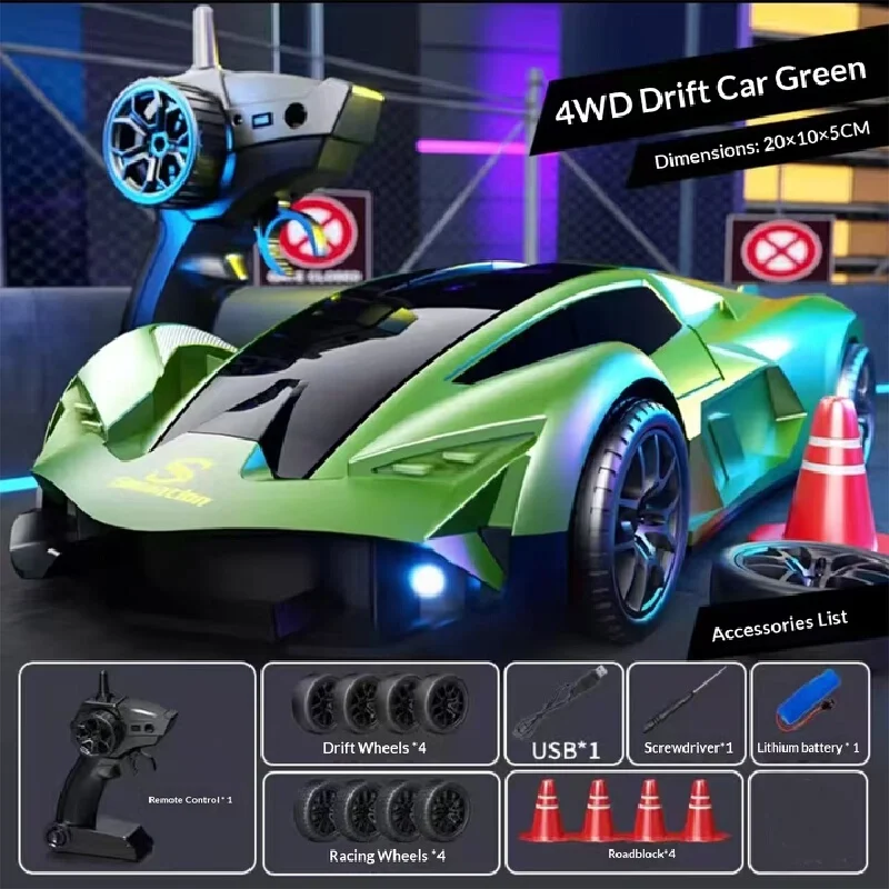 

HUAAICAR RC 4WD High Speed Drift Racing Car 1:24 Scale Rechargeable LED Light Boys Kids Birthday Gift With Replaceable Wheels