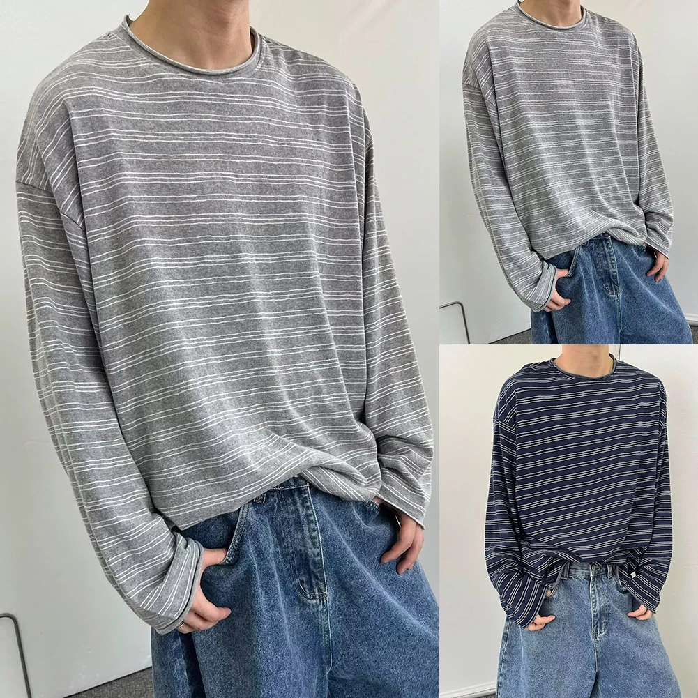 

Men Retro O-neck Striped Raw Edges Loose Long Sleeve T-shirts Casual Base Tops