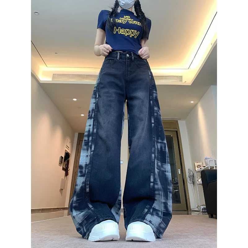 

American Retro Side Plaid Contrast Color Spliced Jeans Women in Spring and Autumn Meat Covering Loose Drape Wide-leg Pants