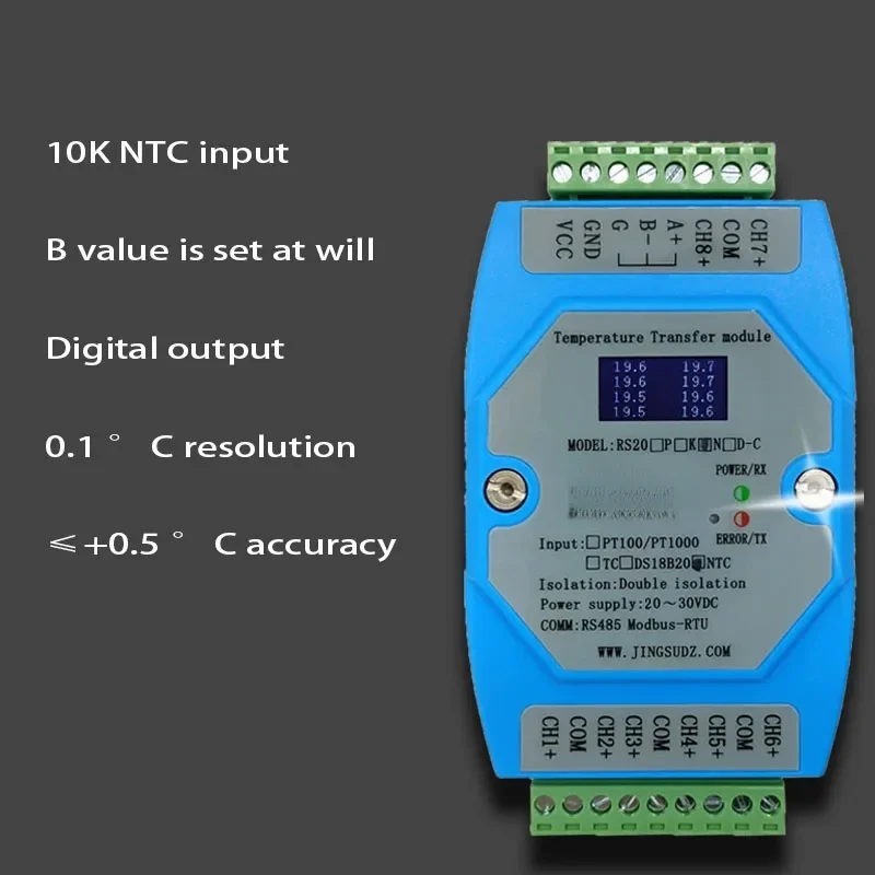 8-Way NTC Temperature Transmitter 10K Thermistor To RS485 Acquisition Module Supports PLC RS20N-C