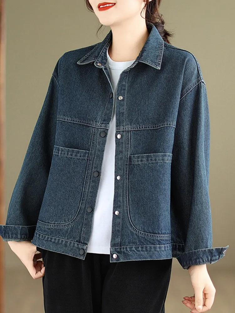 

New Arrival 2025 Autumn Vintage Style Turn-down Collar Loose Female Long Sleeve Jeans Coats B3064 Women Casual Denim Jackets