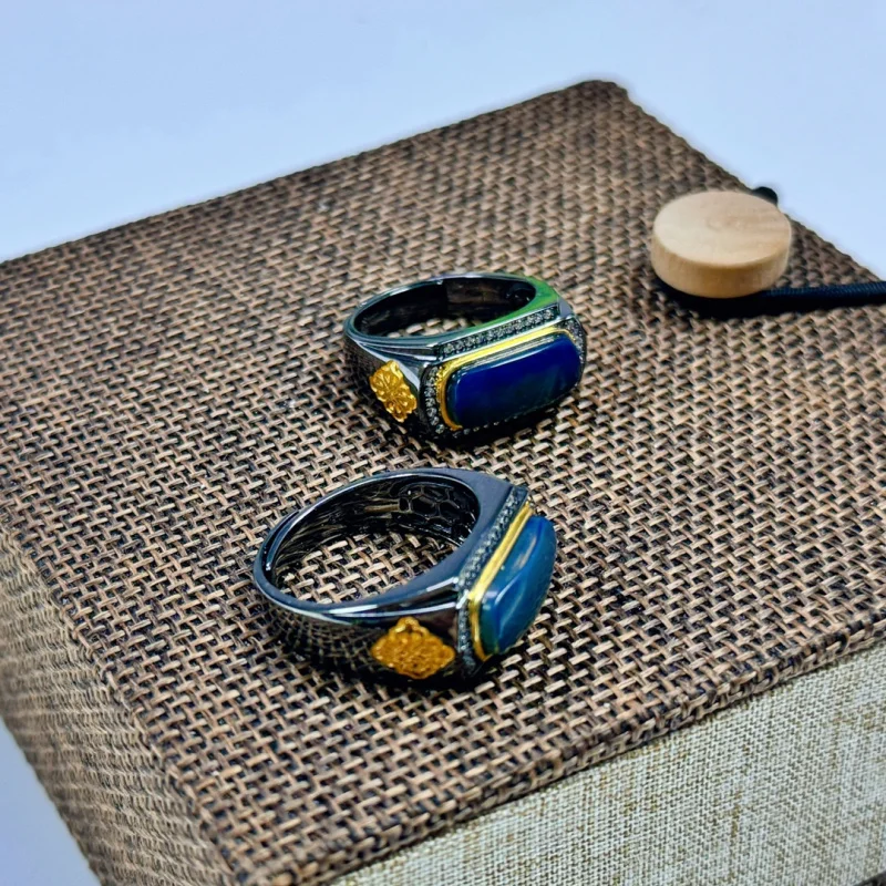 7x15mm Blue Amber Inlaid S925 Silver Men's Ring Vacuum Electroplated Two-tone Black
