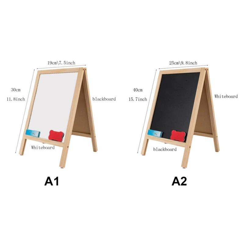 Wooden Writing Board Double-Sided Foldable Easel Blackboard Draw Board Wooden Magnetic Message Board Erasable Chalk Blackboard