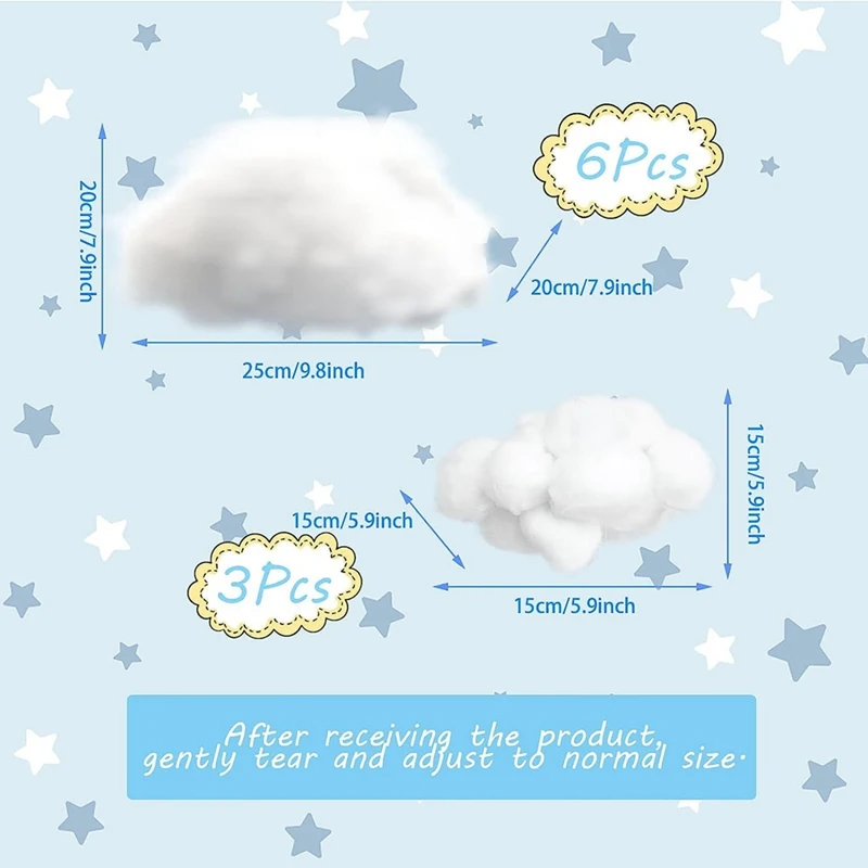 9 قطع من ديكورات الغيوم للسقف، زخرفة سحابة معلقة من القطن، دعائم سحب صناعية ثلاثية الأبعاد باللون الأبيض المتين #6