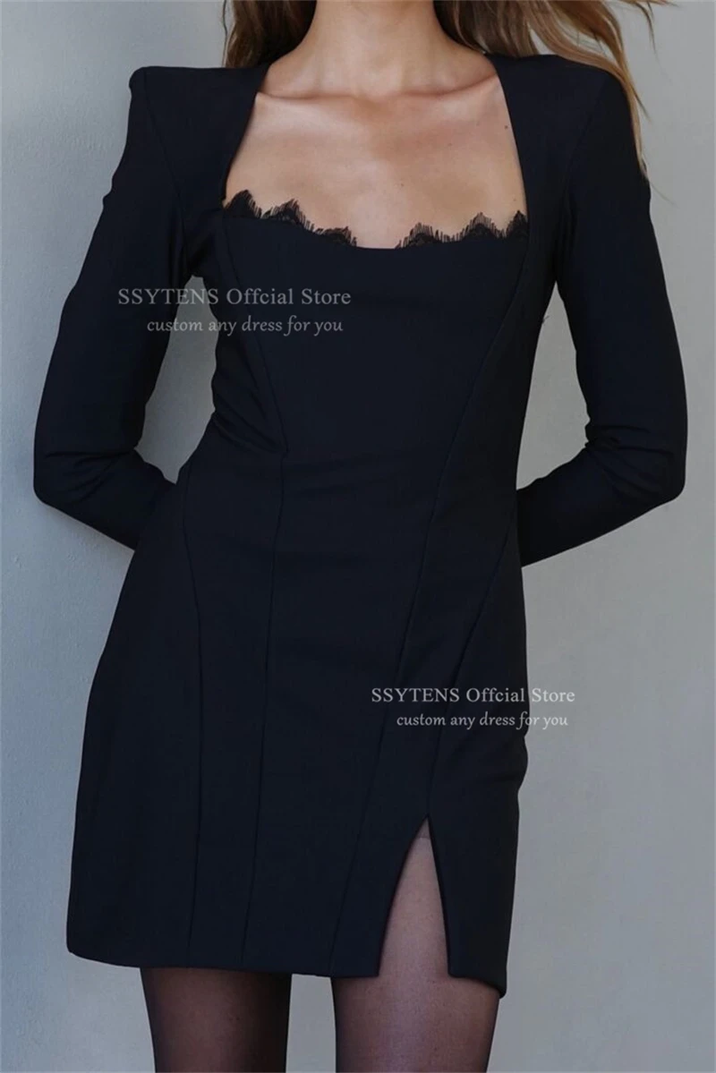 SSYTENS Black Satin Mini Prom Dresses Long Sleeves Lace Cocktail Dresses Sexy Short Square Neck Vestidos Para Mujer Customized