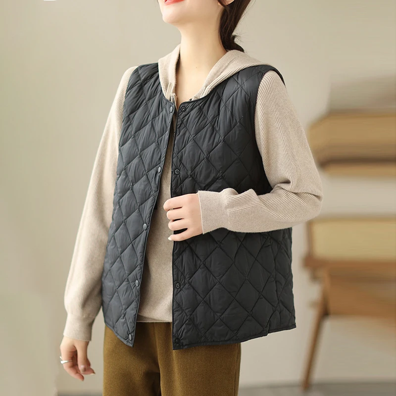 2023 Winter Women Black Beige Warm Plaid Cotton Vest Casual Single-Breasted Short Sleeveless Jacket Female Thicken Outwear