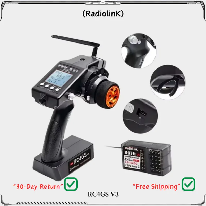 

RadioLink RC4GS V3 2.4G 4CH RC Transmitter with R6FG Gyro Receiver, 400M Range for RC Cars, Boats and Off-Road Vehicles