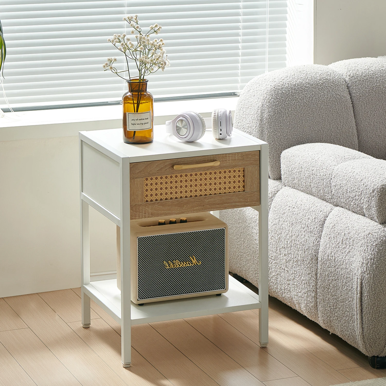 Rattan End Table with Drawer, Modern Nightstand, Metal Legs, Side Table - White - Living Room, Bedroom - 15.74