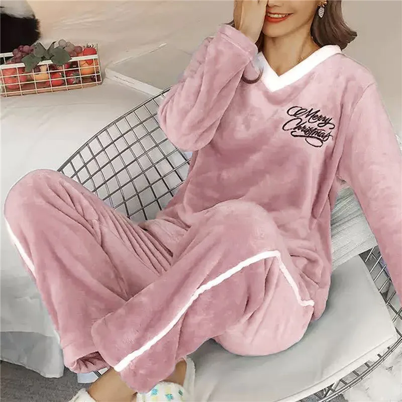 Autumn Winter Women Pajamas Setwarm Thicken Flannel 2pcs Pajamas Suit Tops+Pants Sweet Letter Print Leisure Homewear Sleepwear