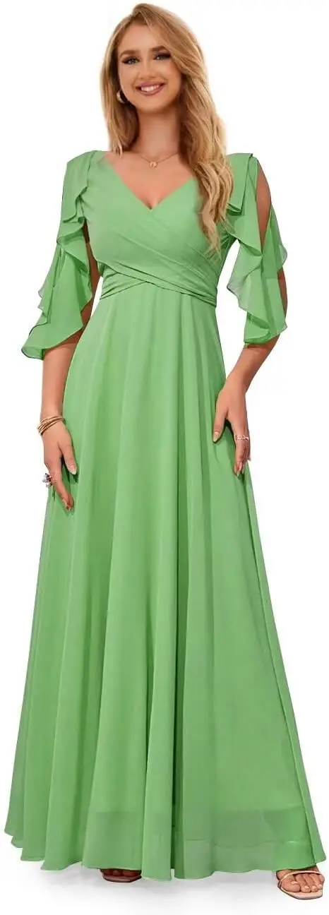 ชุดเพื่อนเจ้าสาวสำหรับผู้หญิง ชุดราตรีคอวีผ้าชีฟองเปิดไหล่ยาว ชุดออกงานกลางคืน ชุดเดรสผู้หญิงหรูหรา