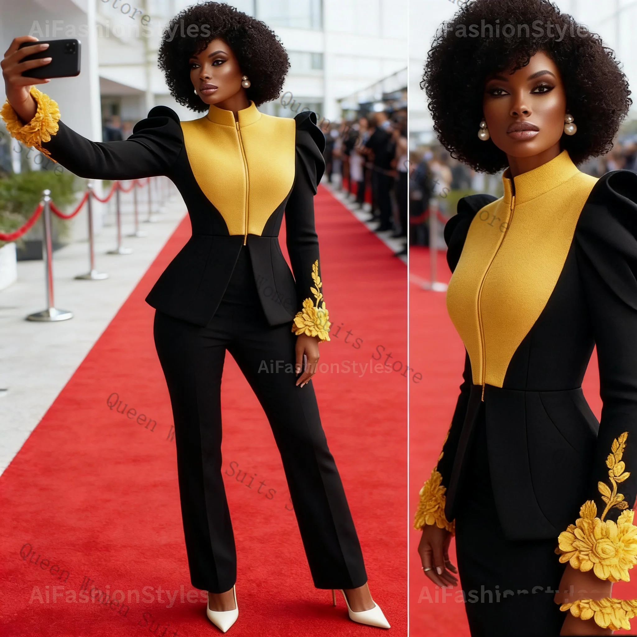 

Yellow Black Women Suit Set 2 Pcs Zipper Blazer Pants Trousers Cotton Prom Formal Office Lady Jacket Wedding Coat Customized