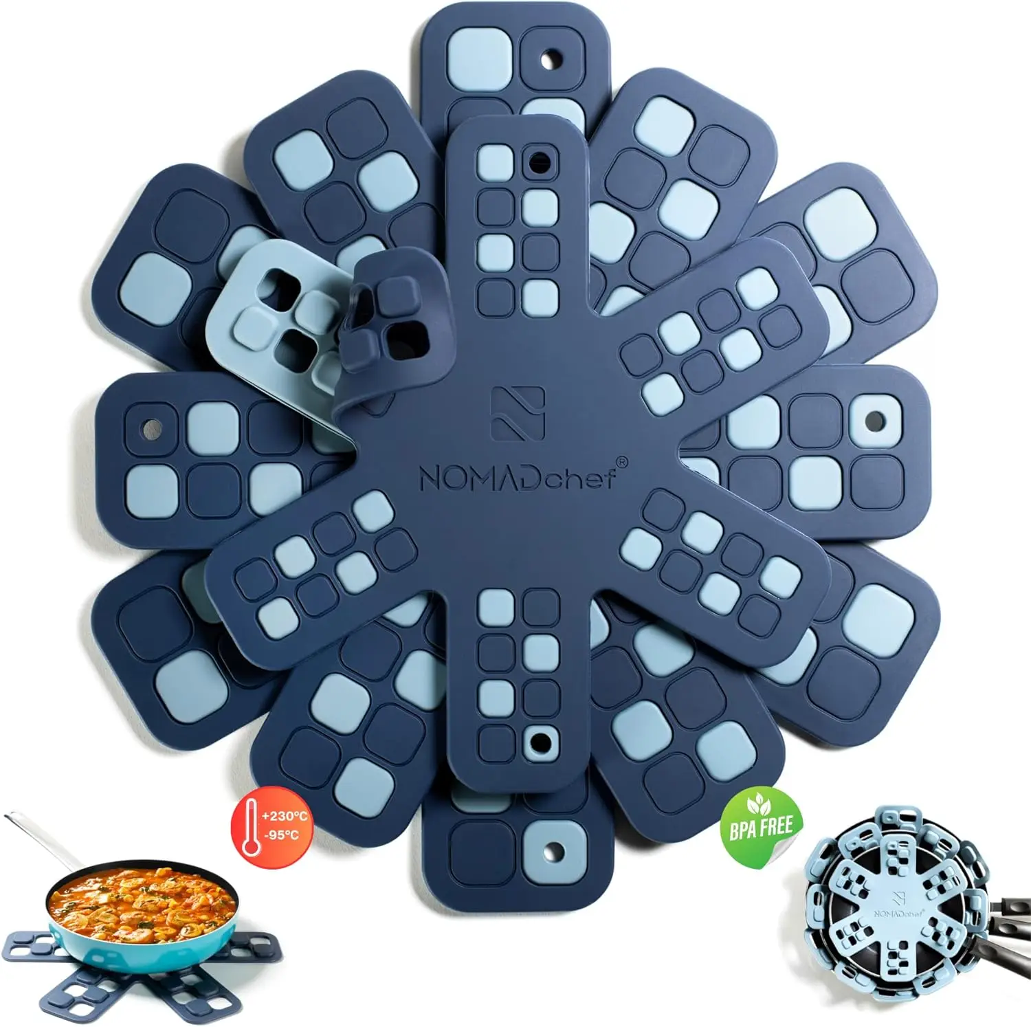 

6-Piece Silicone Pan Protectors & Trivets for Hot Dishes, Heat-Resistant Stacking Mats in Blue