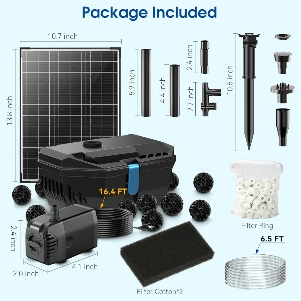 Teichfilter mit 20 W Solarpanel, 120 GPH Solarwasserpumpe, 4 Sprühgeräte für Teich, Aquarien und Gartenwasser im Freien