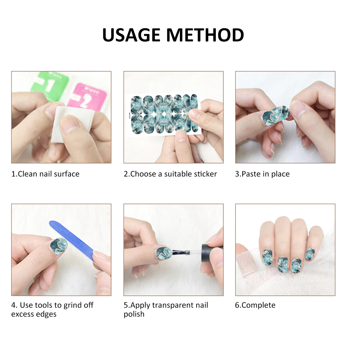 สติกเกอร์ติดเล็บแบบเต็มแผ่น 10/12 แผ่น สติกเกอร์เจลทาเล็บแบบมีกาวในตัว พร้อมตะไบเล็บ สำหรับตกแต่งเล็บแบบ DIY