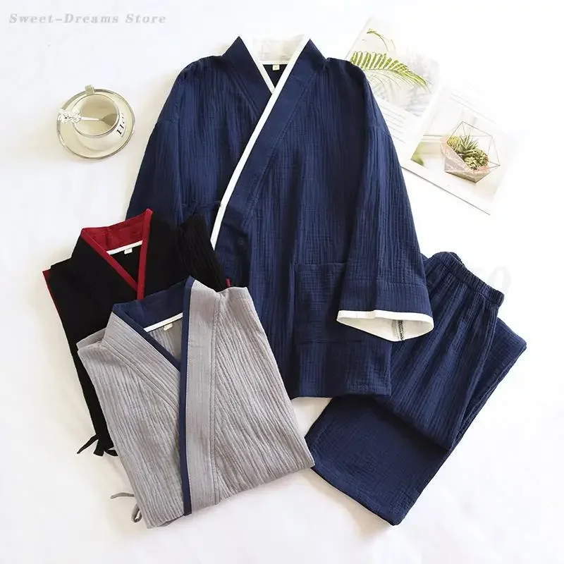 Male Simple Loose Pajamas 2 Piece Set Cotton Casual Men Japanese Kimono Sleepwear Nightwear Trouser Pyjamas Suit Home Wear