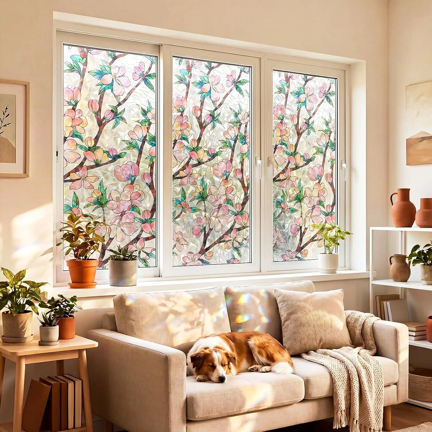 3D Rainbow Stained Glass Window Privacy Film Static Cling Non-Adhesive Heat UV Block Decor Tint for Home Indoor Glass Windows