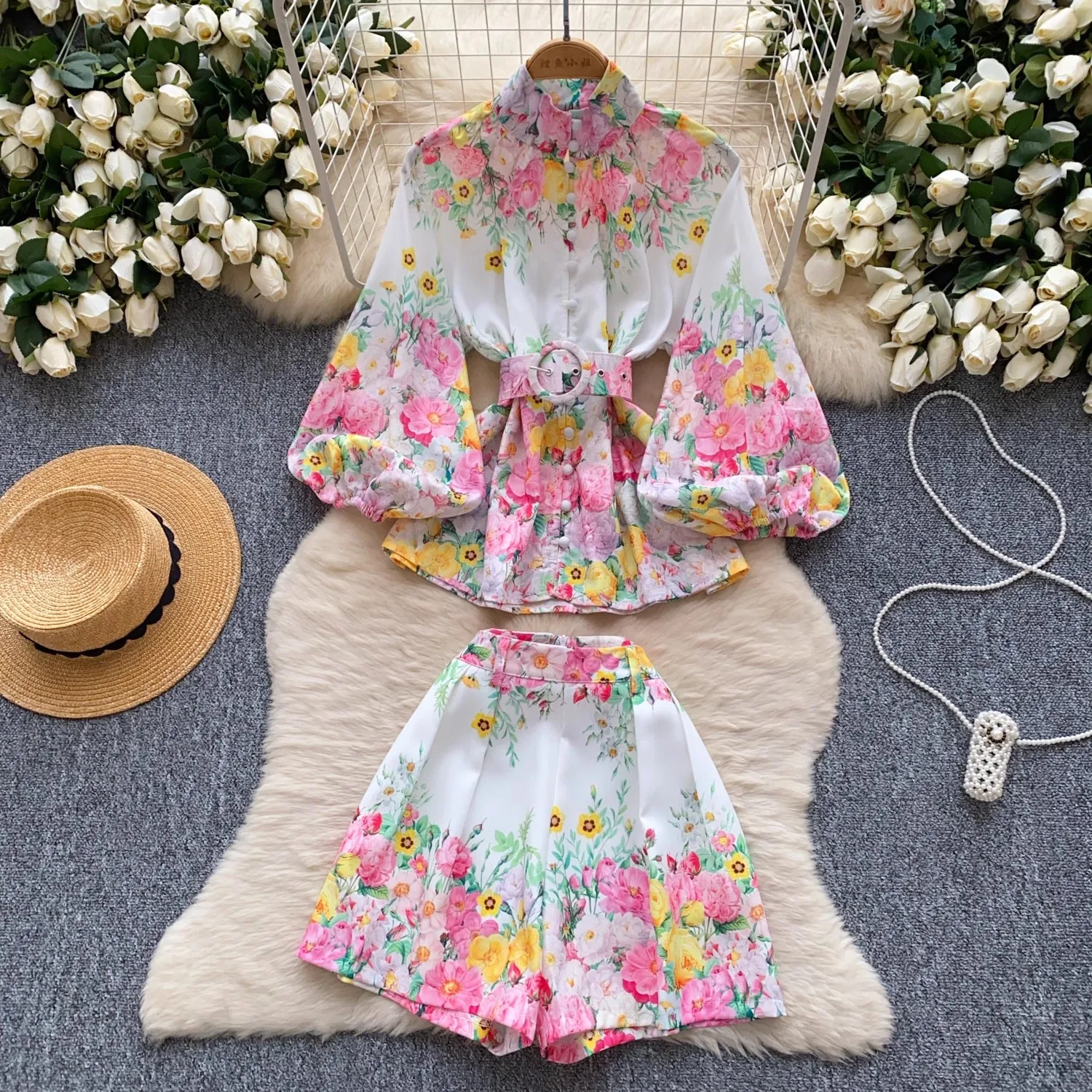 

Summer Holiday Pink Floral 2 Pieces Set Women's Linen Stand Lantern Sleeve Belt Shirt Top + Flower Print Wide Leg Shorts Suits