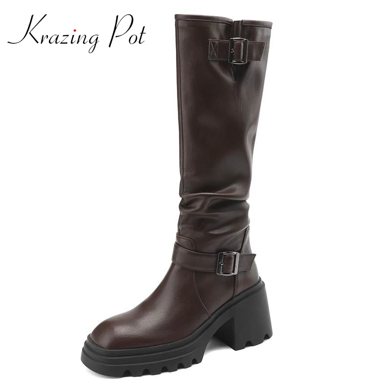 

Krazing Pot new Cow Leather Round Toe Thick Bottom Winter Warm High Fashion Platform metal buckle pleated style Thigh High Boots