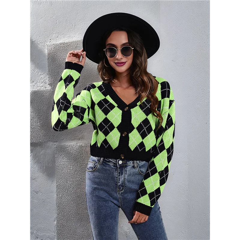 SQPP-Women's Knit Cardigan Sweaters Long Sleeve Argyle Open Front Button Down V Neck Cropped Coats Casual Trendy Tops