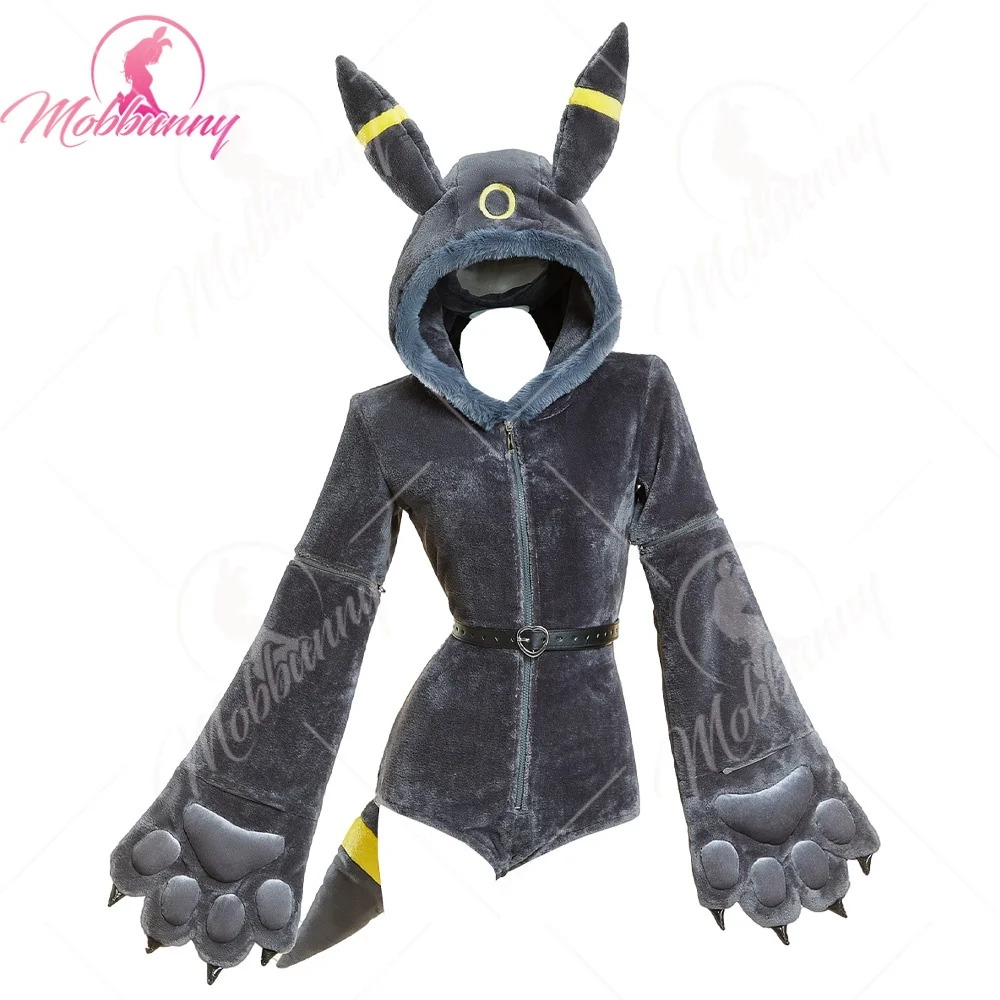 

MOBBUNNY PM Derivative Sexy Cosplay Costume Fluffy Romper Plush Claws Hooded Bodysuit with Tail and Belt Hallowen Costume