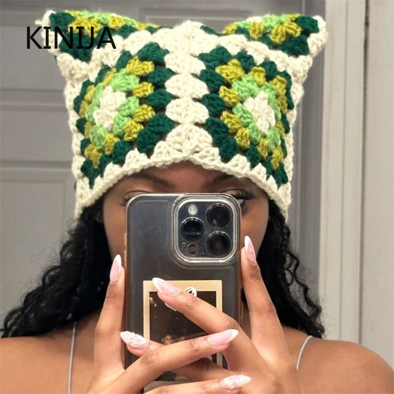 Handgemachte Beanie Hut Millennium Frauen Kawaii Y2K Harajuku Punk Gothic Gestrickte Kappe Winter Weibliche Männer Retro Mode Kalten Hut
