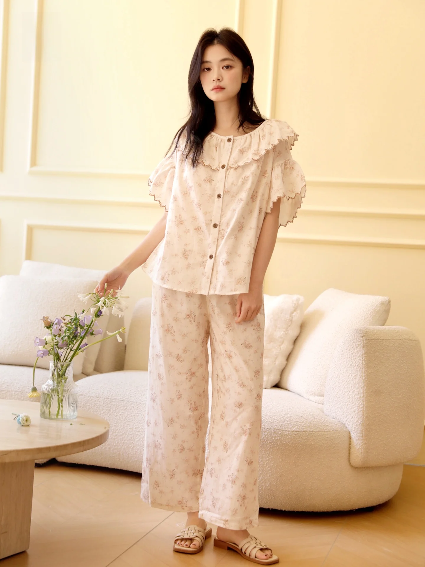 class-a-maternity-cotton-double-layer-muslin-short-sleeve-long-pants-home-clothes-women's-embroidered-print-large-collar-home