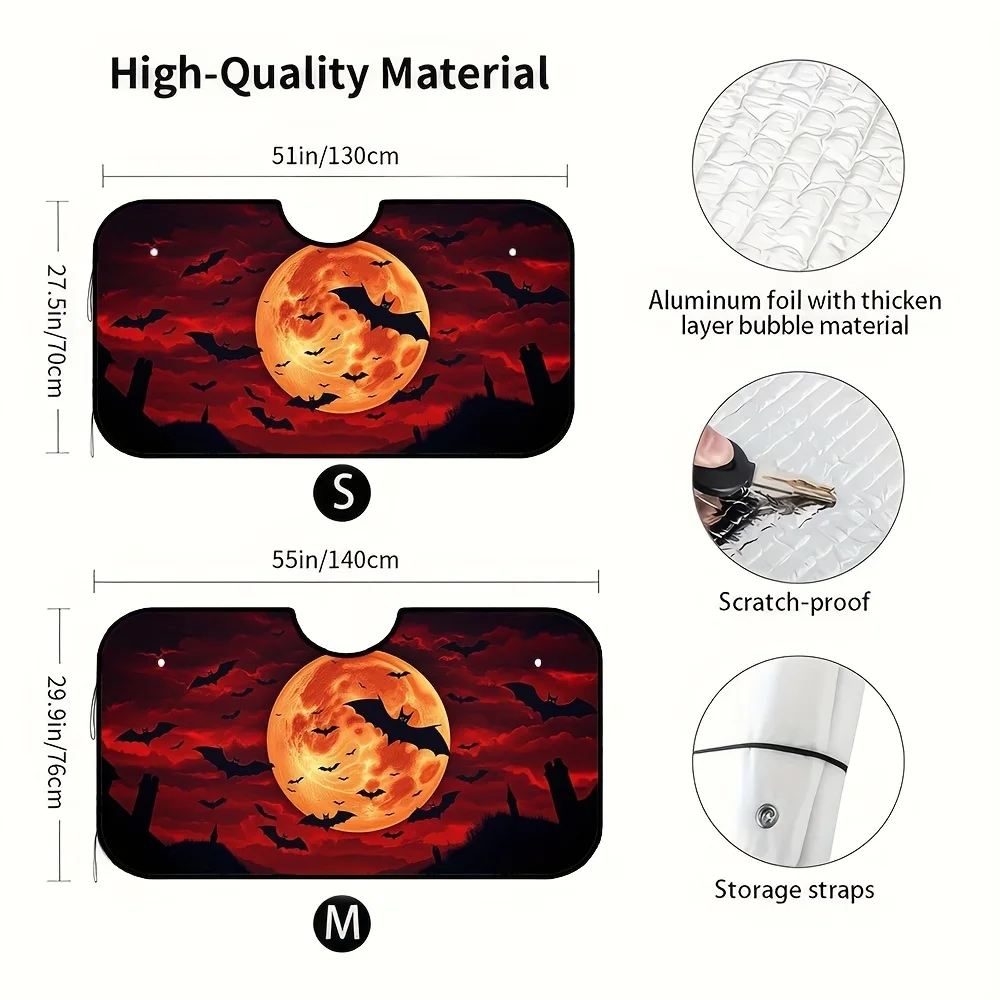 1pc Halloween Gothic Bats & Full Moon Car Sunshade - Foldable Windshield Visor With Vibrant Night Sky Art Print, Fits SUVs & Com