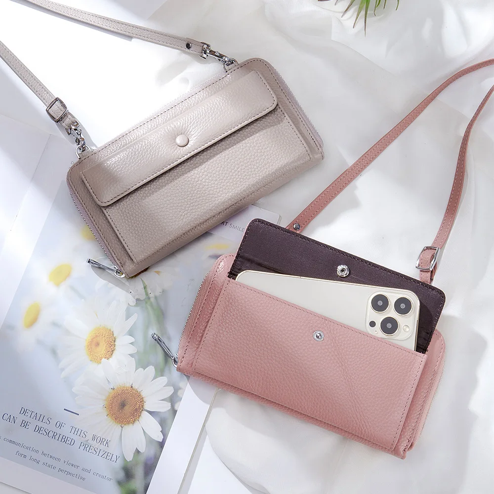 Fashion Ladies Shoulder Messenger Bag with Transparent Touch Screen Phone Pocket Genuine Leather Women Long Wallet Crossbody Bag