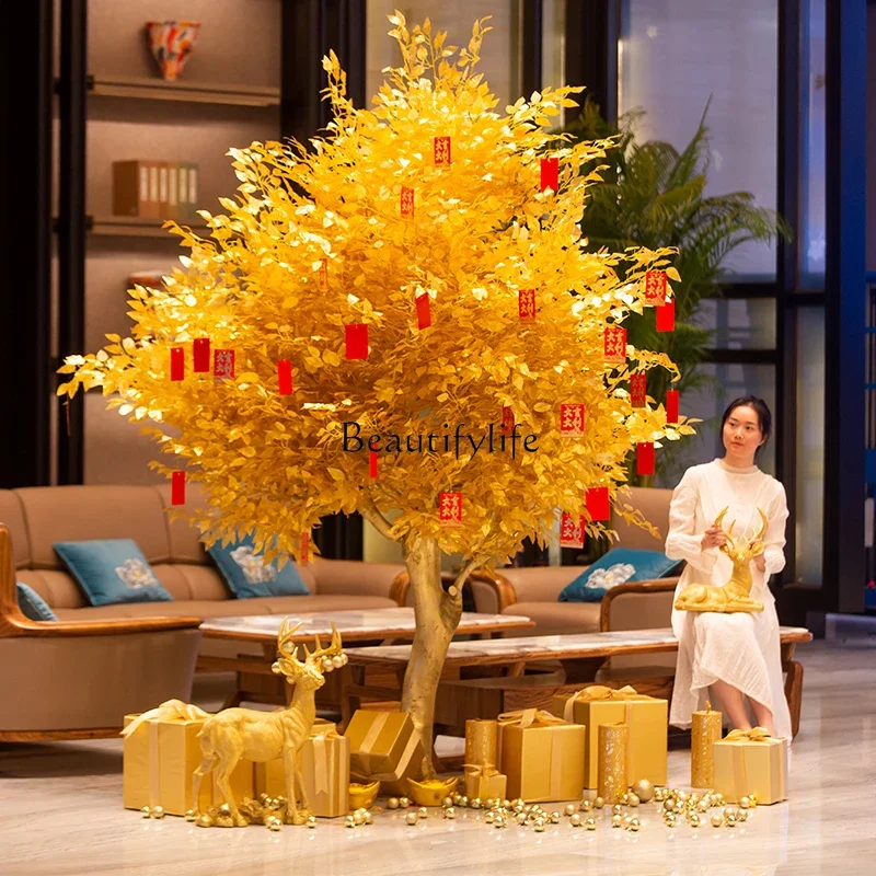 

Simulated golden banyan tree shakes money to decorate New Year's blessing large fake tree hotel