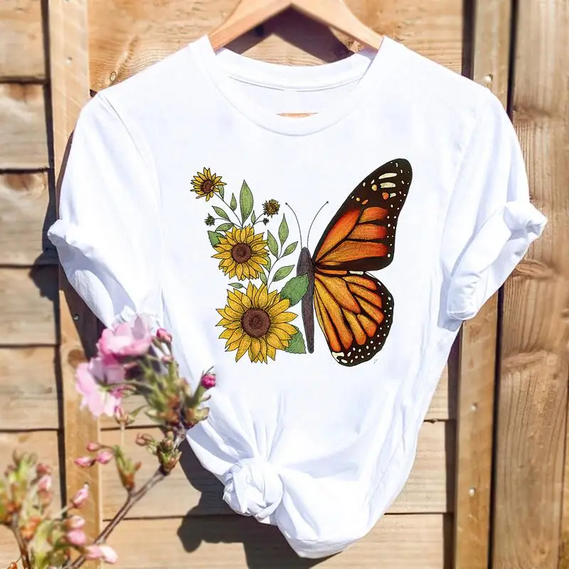 Female Tees Y2k White Women Butterfly 90s Trend Cute 2023 Fashion Graphic T-Shirt Top Cartoon Short Sleeve Summer Print T Shirt