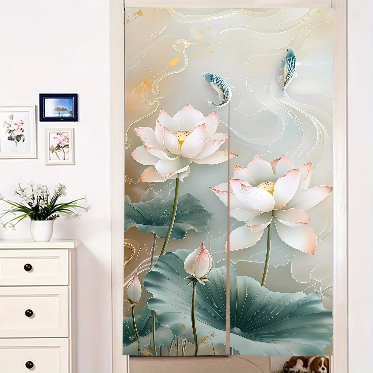 1pc New Chinese style lotus koi door curtain Chinese style fabric partition curtain home decoration